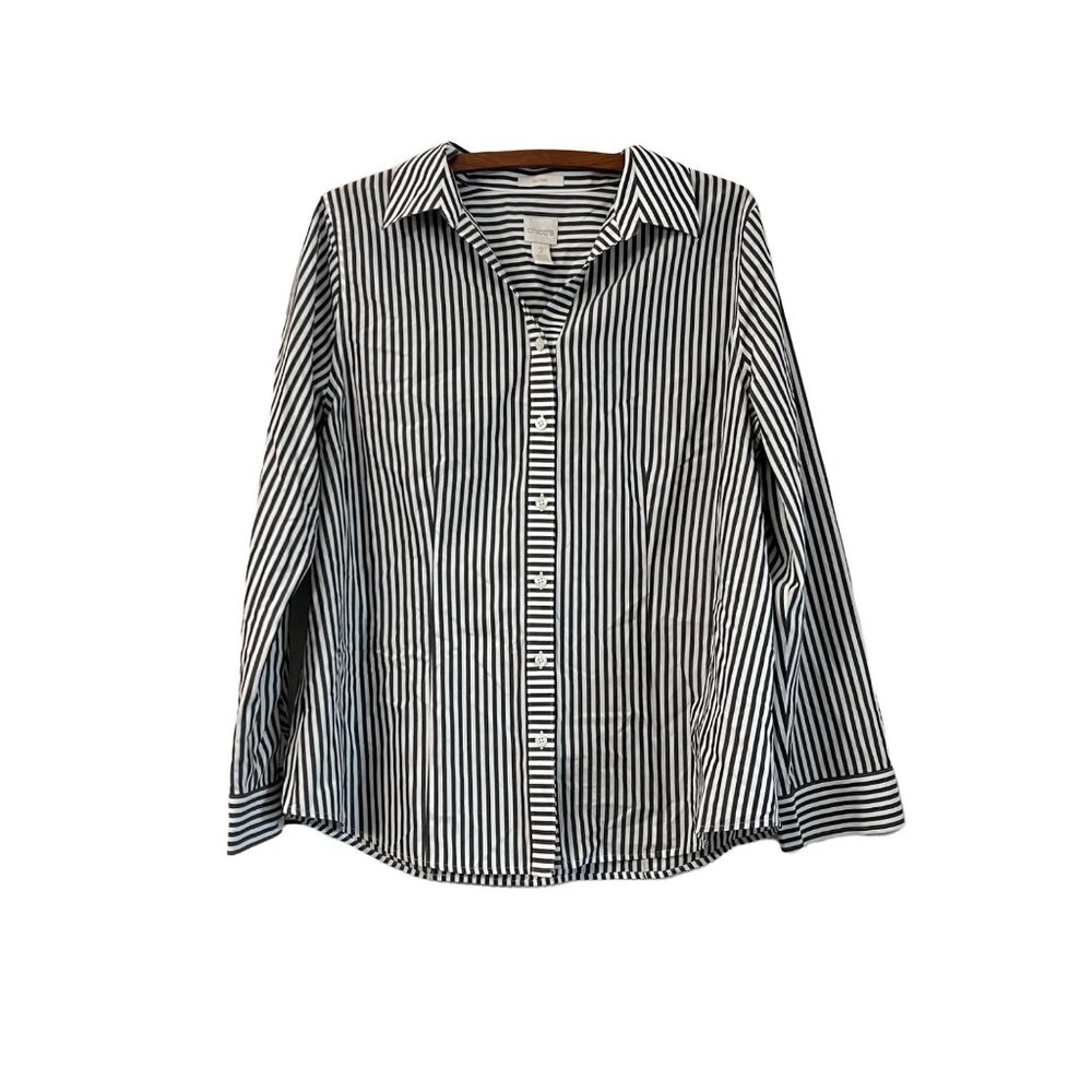 Chicos Womens Dark Gray White Striped No Iron Long Sleeve Button Shirt Size L